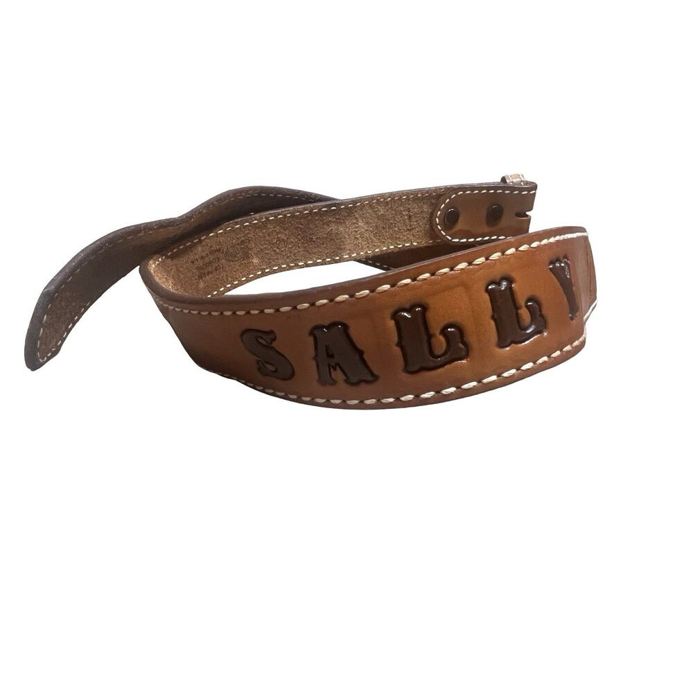 Vtg Justin Western Brown Oak Leaf Tooled Leather Belt NAME "Sally" SZ 36